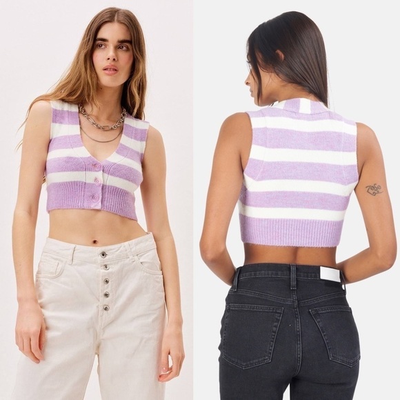 NWT FOR LOVE & LEMONS 90s Y2K Cropped Sleeveless Striped Cardigan Sweater Vest M - Picture 2 of 14